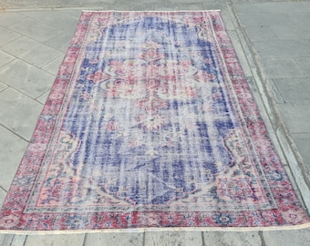 Blue Vintage Rug 5.4x8.5 ft – Handmade Turkish Oushak Bohemian Area Rug for Living Room