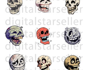 Funny Skulls PNG Bundle, 34 Designs, Commercial Use (Digital Prints Downloadable Files)
