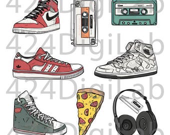 Sneakers and Pizza Clipart, 30 Png, Sneakers Art, Pizza Graphics, Digital Prints, Commercial Use, Digital Download Png