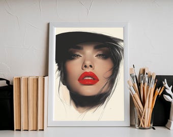 Red Lips Portrait Art Print • AI Generated Glam (Digital Download)