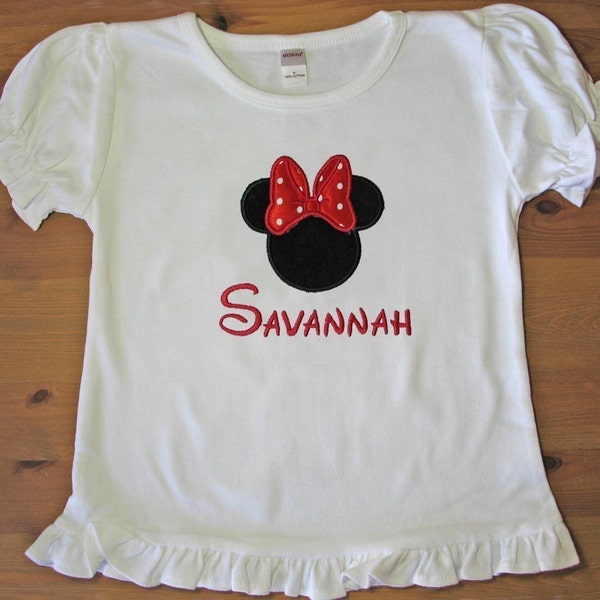 Personalized SHORT Sleeved Frill T-SHIRT with Minnie Mouse embroidery Free Name 18 mos 2T 4T 6T