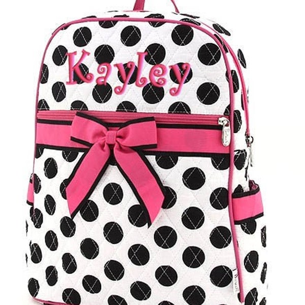 Personalized Backpack Black White Polka Dots Quilted Hot Pink accents