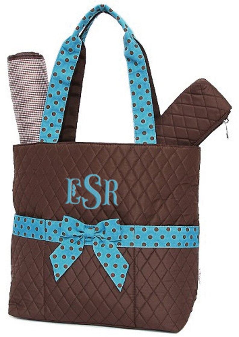 Personalized Diaper Bag Brown Blue Polka Dots Quilted Monogrammed Embroidered