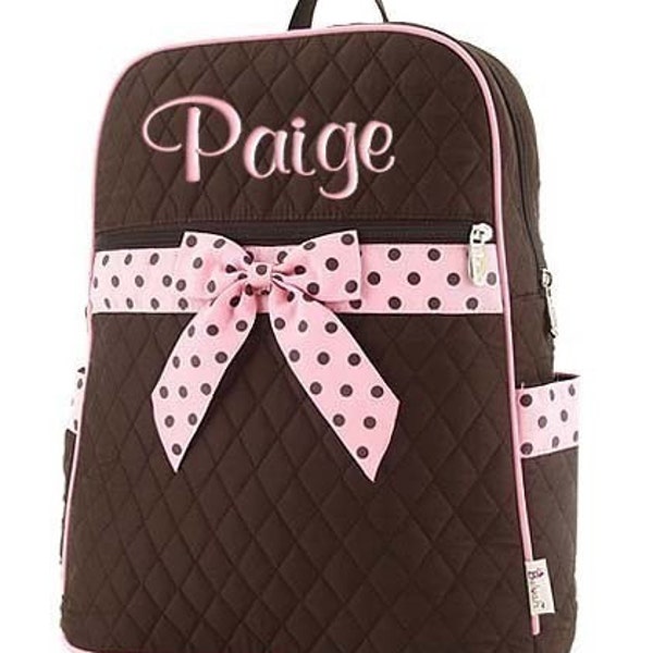 Girls Personalized Backpack Brown Pink Polka Dots Quilted Monogrammed Bookbag