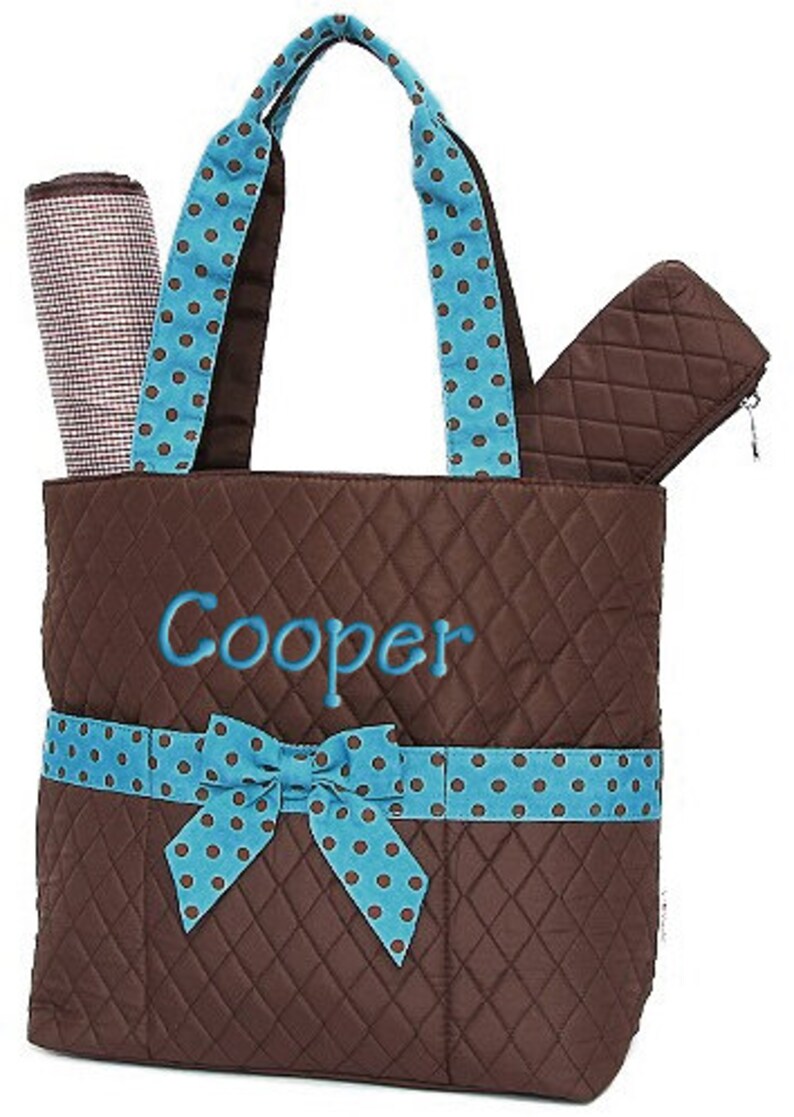 Personalized Diaper Bag Brown Blue Polka Dots Quilted Monogrammed Embroidered