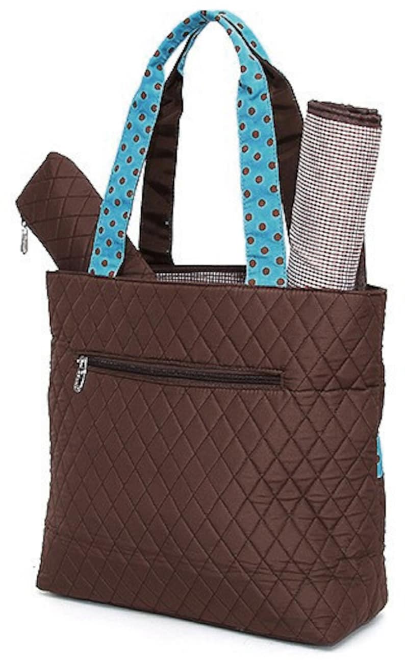 Personalized Diaper Bag Brown Blue Polka Dots Quilted Monogrammed Embroidered