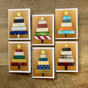 Gedessineerde papieren kerstboom 3 x 5 kaarten - set van zes