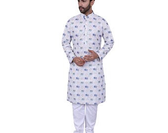 Kurta de pijama con estampado de elefante azul para hombre, cuello mandarín, corte regular (azul, talla mediana)