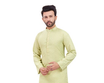 Conjunto de pijama kurta masculino com bordado floral verde-oliva