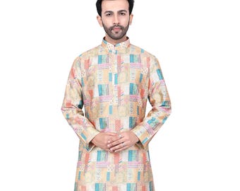 Kurta vintage de cuello mandarín con estampado de seda multicolor, largo hasta la rodilla, corte regular, color melocotón