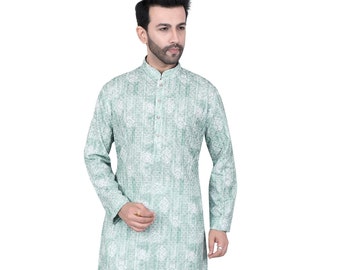 Kurta longa masculina casual de seda com estampa verde-mar, kurta étnica de designer.