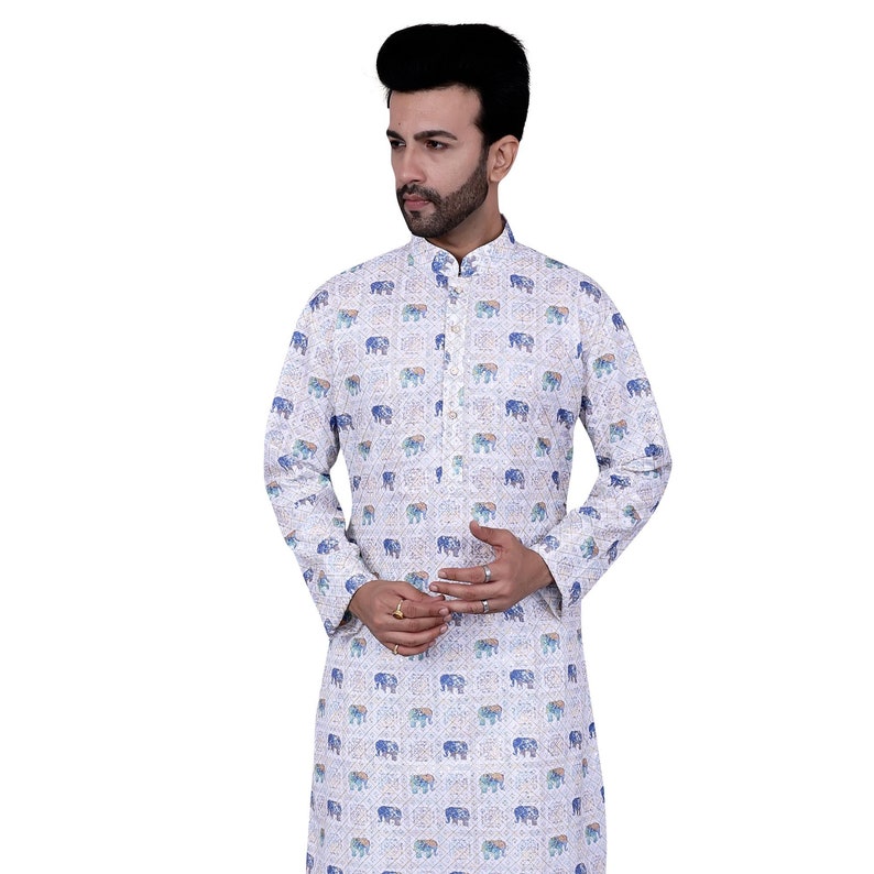 Men Blue Elephant Printed Kurta with Pajama, Mandarin Collar, Regular Fit