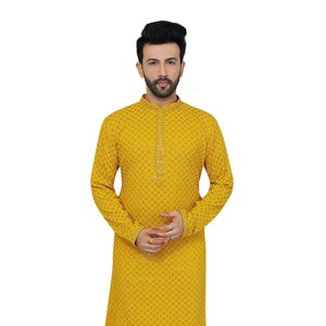 Herr Kurta Broderad bomulls Kurta Pyjamas Set, Stor, Indisk Stil