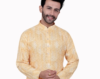 Men's Silk Casual Printed  Long Kurta, Ethnic Designer Kurta  yellow