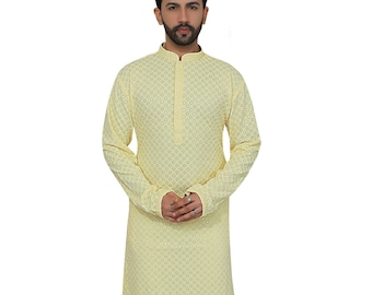 Męska haftowana kurta i spodnie Chikankari: indyjska odzież okazjonalna z wiskozy