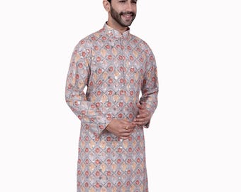 Men's Multi-Color Embroidered Chikankari Kurta and Pajama Set Light yellow