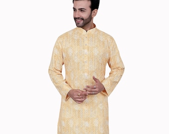 Men's Silk Casual Printed Yellow Long Kurta, Ethnic Designer Kurta