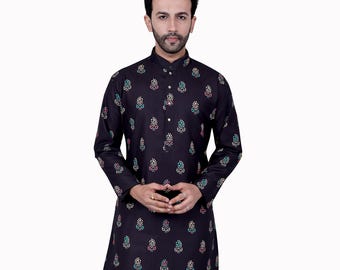 Kurta de algodón con estampado floral para hombre, largo hasta la rodilla, cuello mandarín, mangas largas, color negro