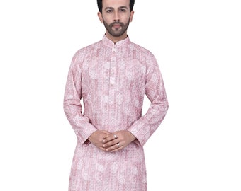 Kurta longa masculina casual de seda com estampa verde-mar, kurta étnica de designer.