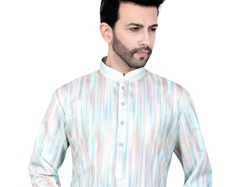 Conjunto de kurta de rayón teñido anudado rosa: cuello chino, pijama de algodón blanco