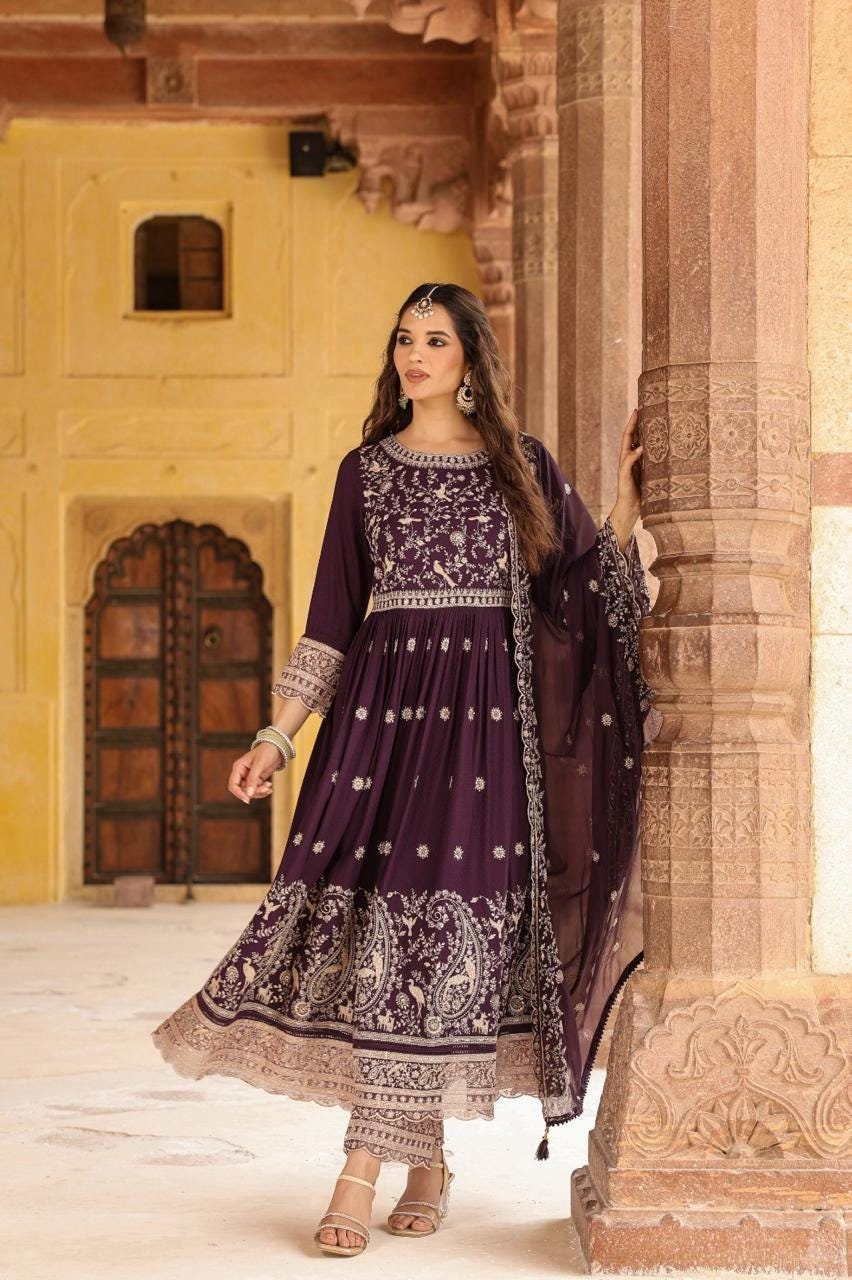 Traditional Threads Embroidered Georgette Kurta with Palazzo and Dupatta, Multicolor Wine