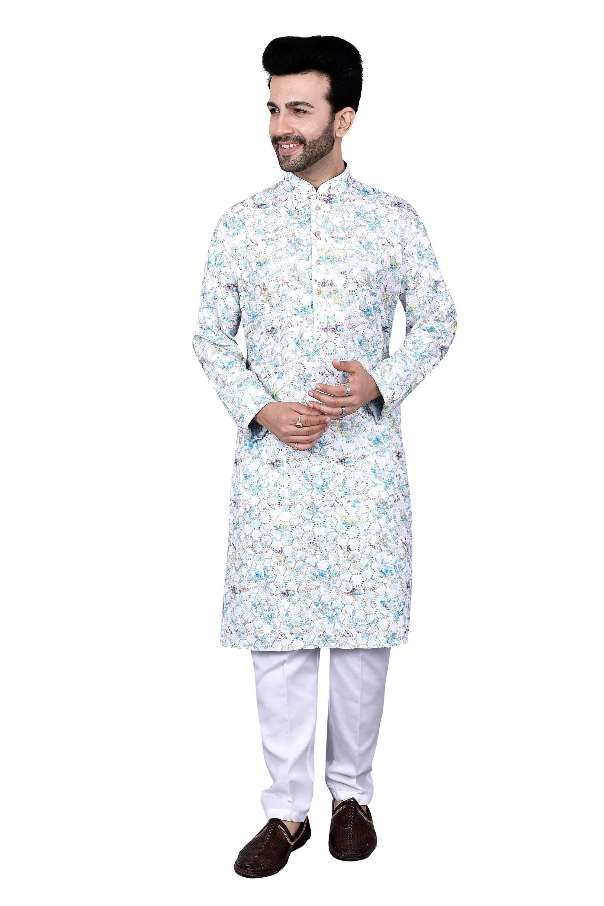 Men's Blue Printed Kurta with White Payjama: Ethnic Motif Viscose Rayon Set