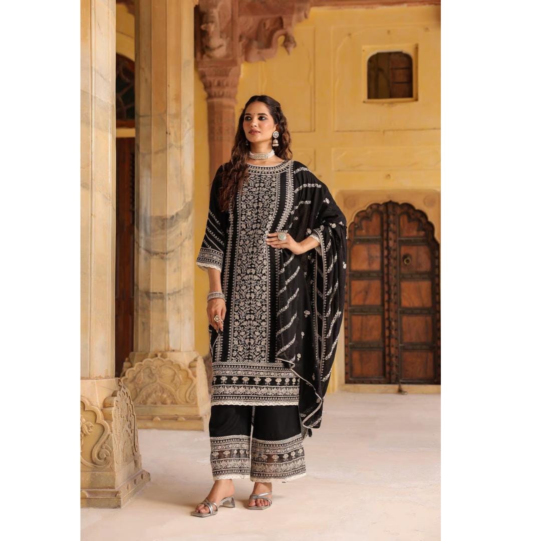 Embroidered Cotton Blend Kurta Palazzo Dupatta Set: Traditional Threads