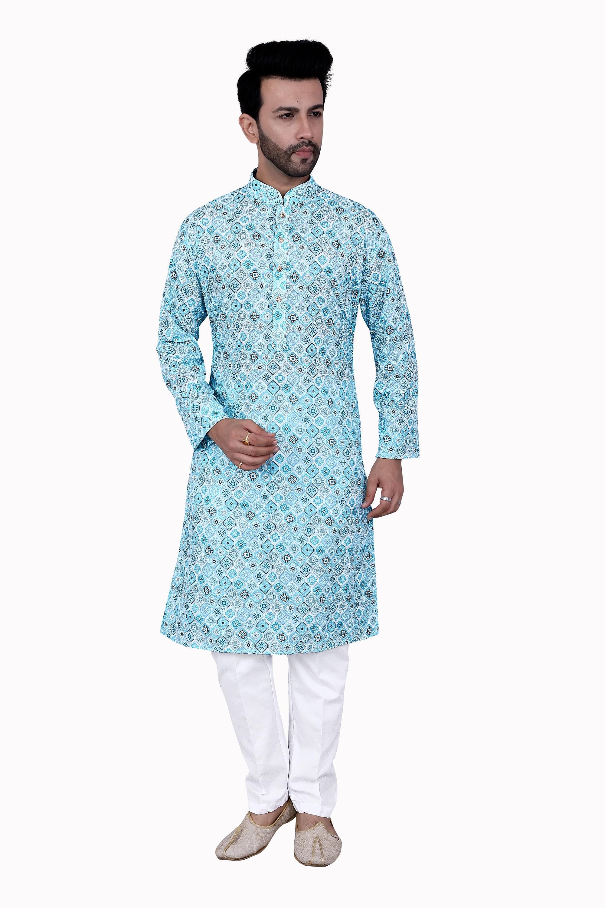 Men's Blue Ethnic Motifs Printed Kurta with Payjama, Mandarin Collar, Long Sleeves
