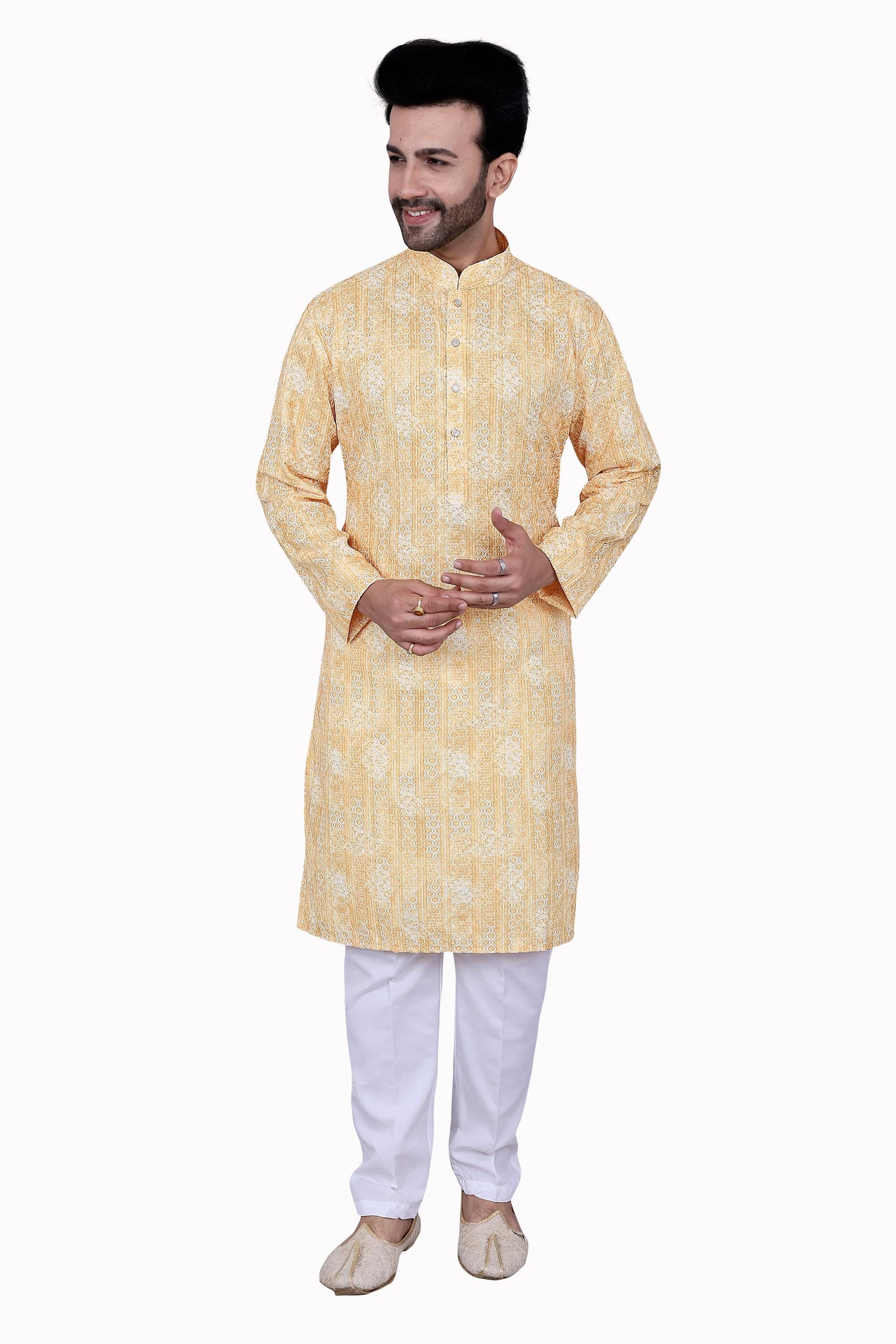 Men's Silk Casual Printed Yellow Long Kurta, Ethnic Designer Kurta