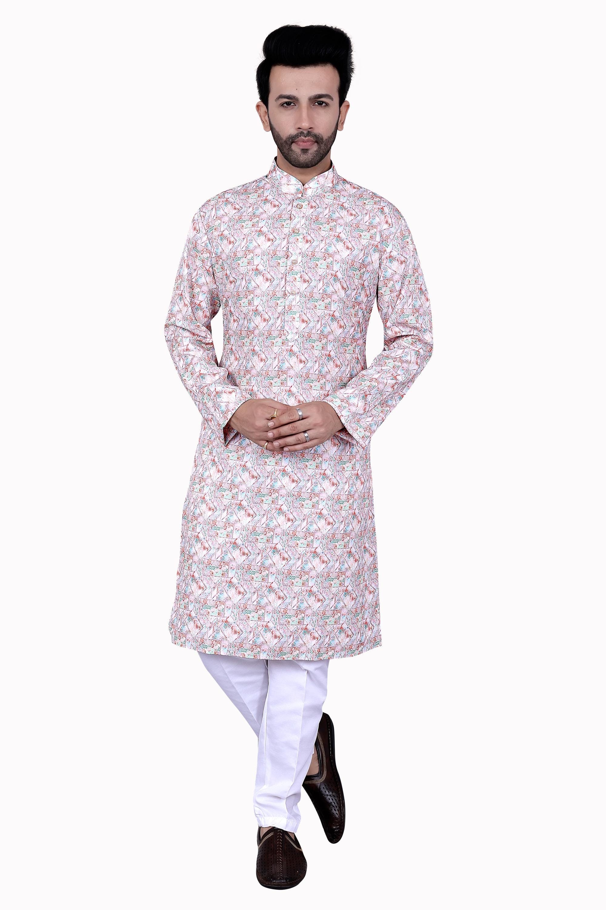 Men's Silk Blend Kurta Pyjama Set, Pink Floral Print