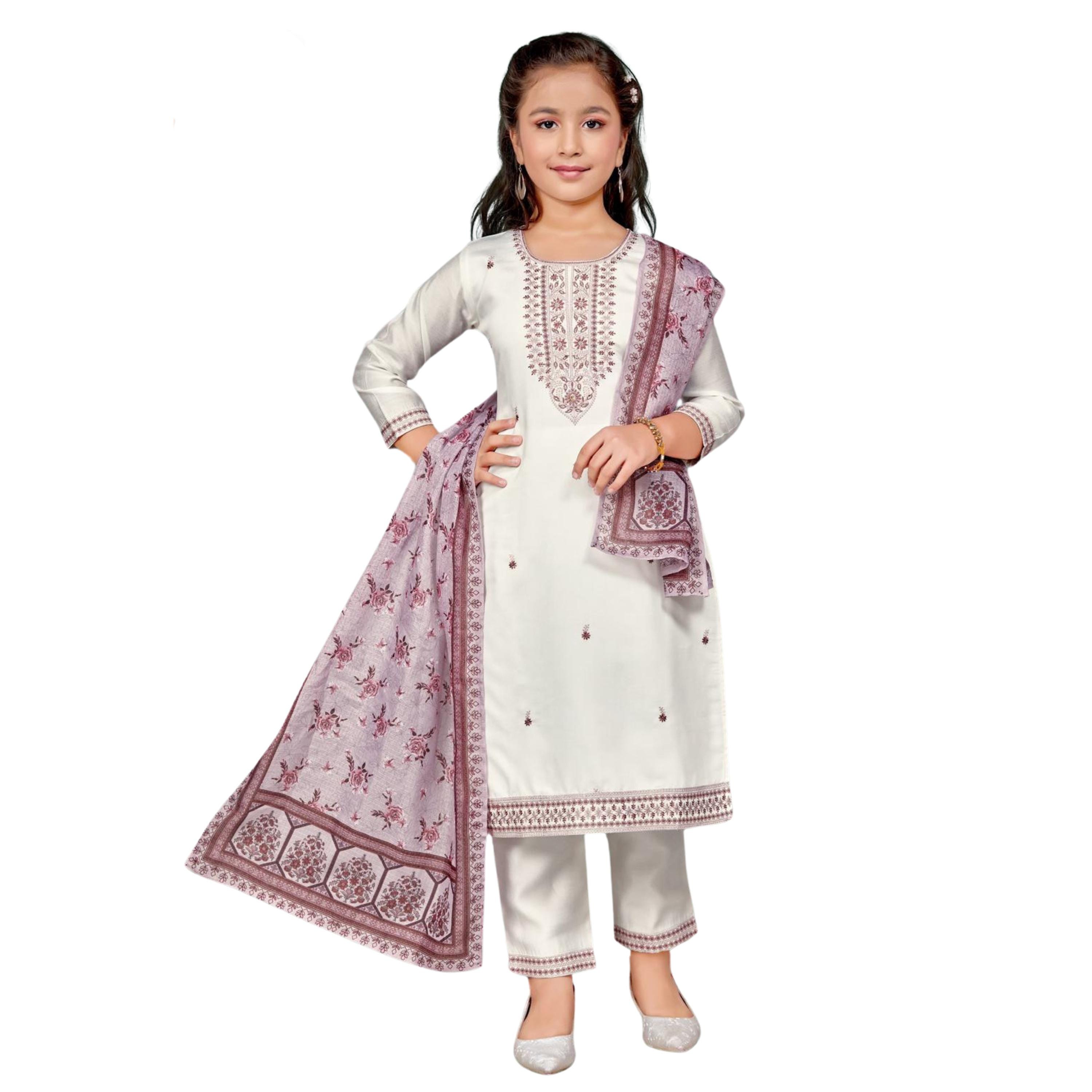 Girls straight fit suit with printed dupatta · white · TT-YG-CW79