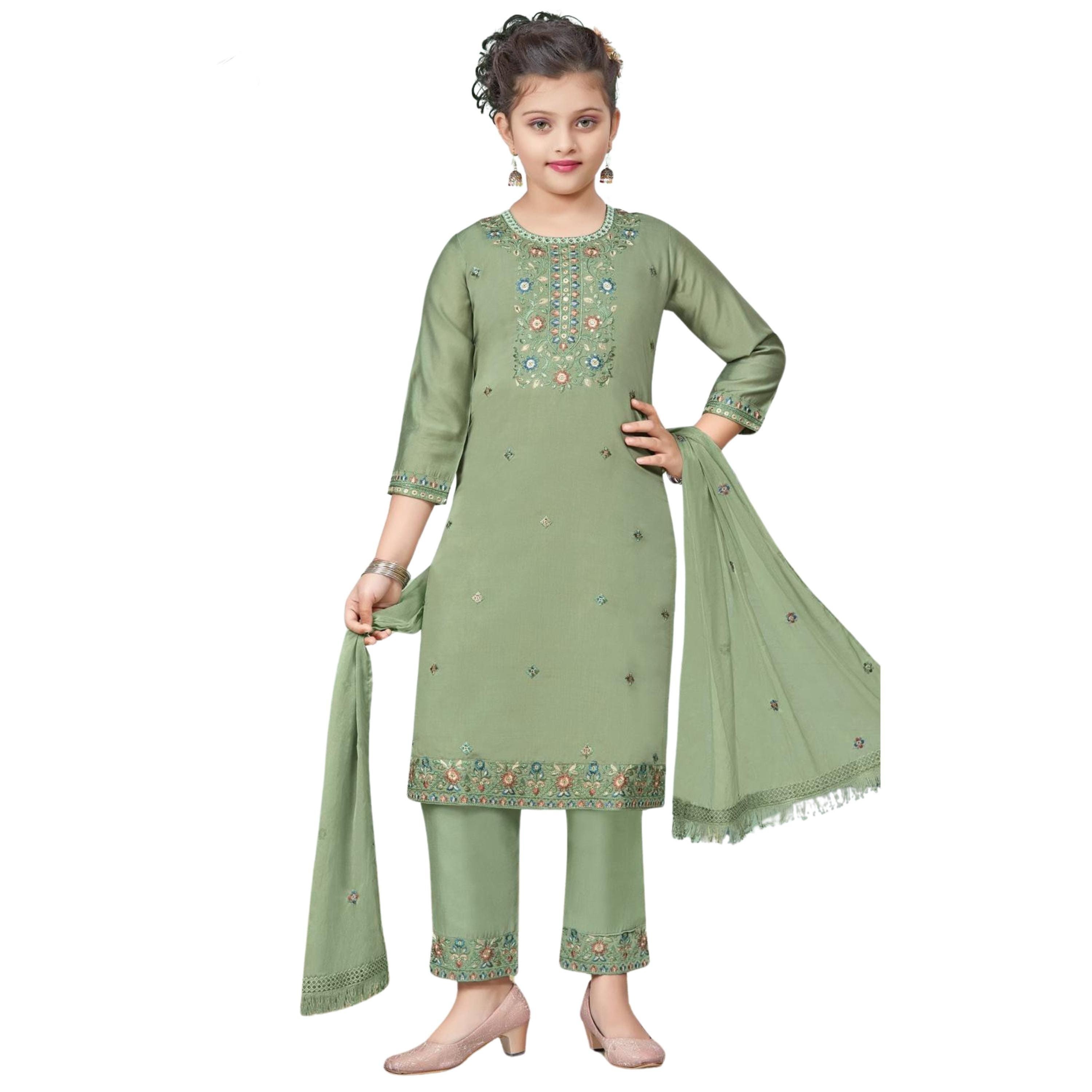 Girls straight fit suit with printed dupatta · light green · TT-YG-CLG83