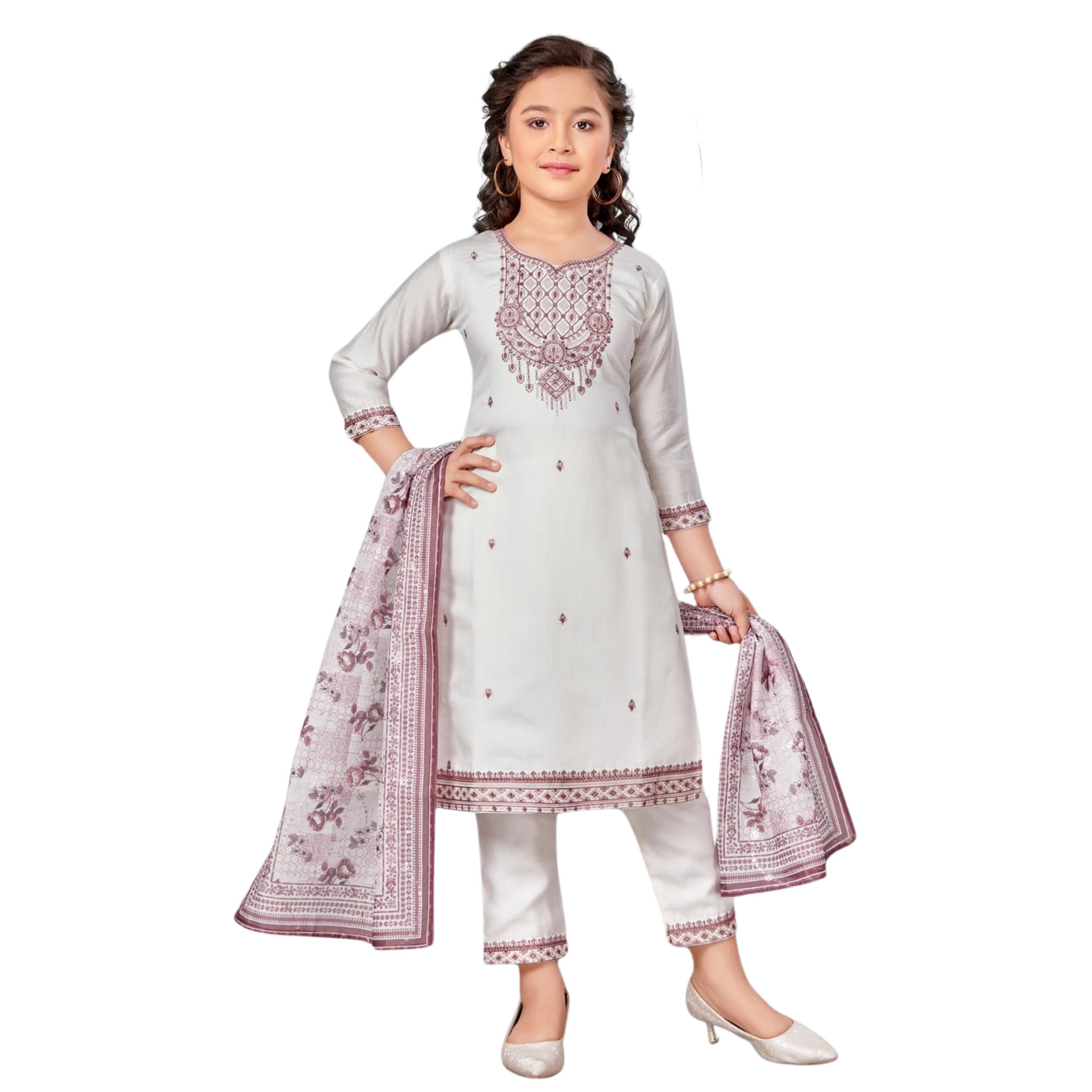 Girls straight fit suit with printed dupatta · white · TT-YG-COW84