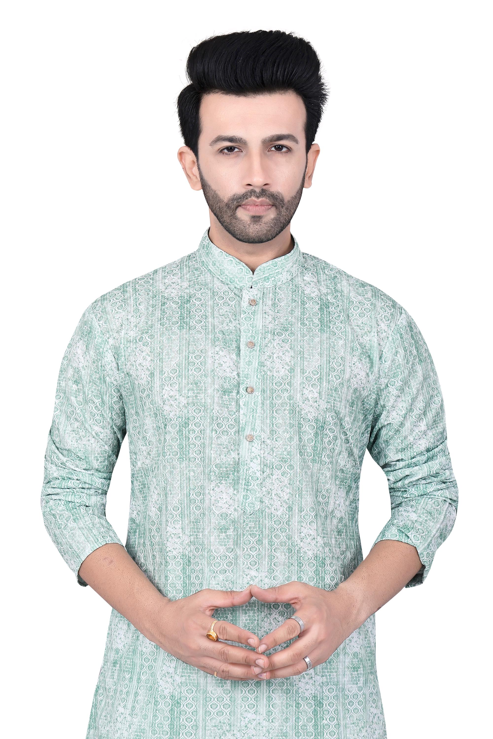 Men's Silk Printed Long Kurta: Sea Green Ethnic Design