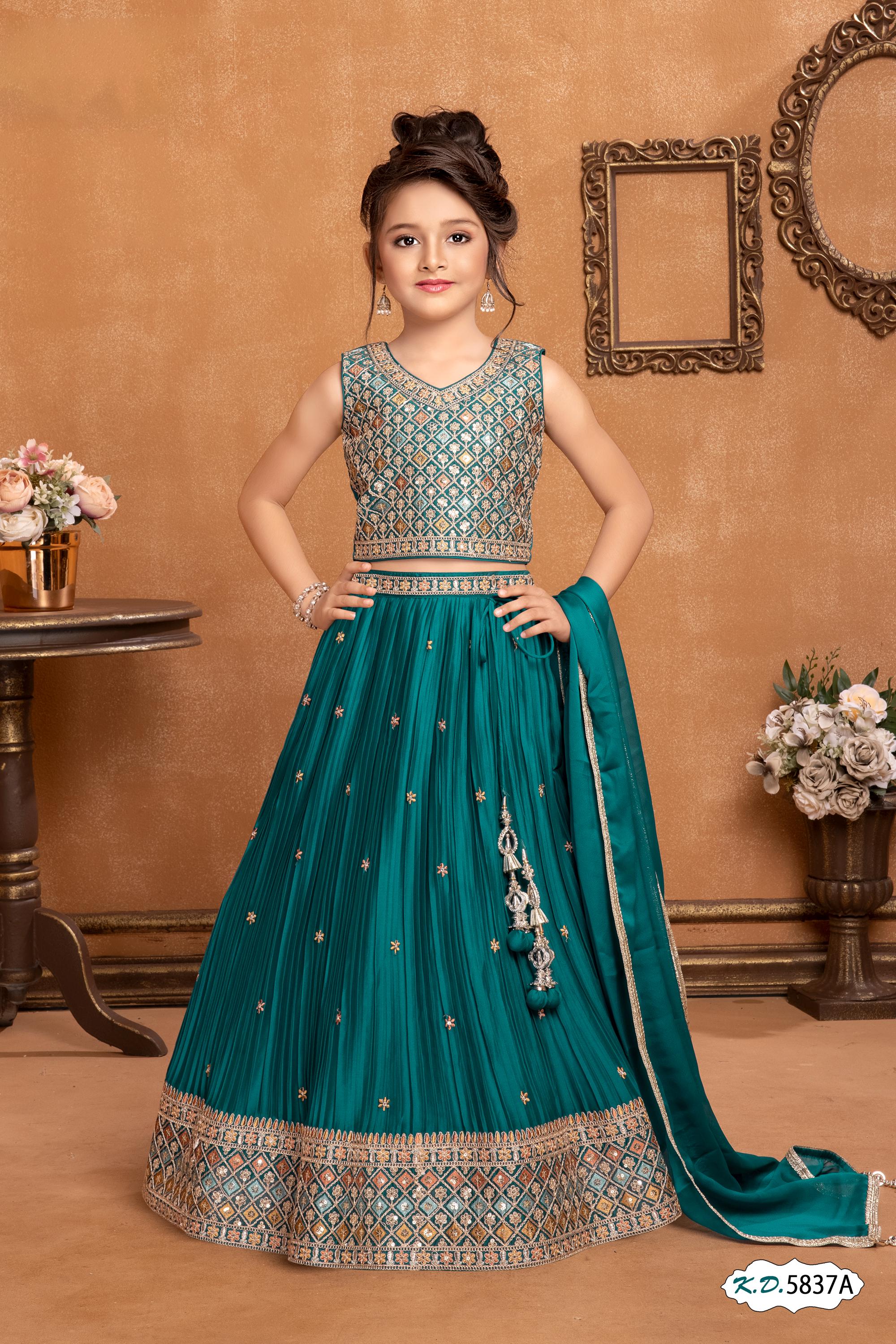 Girls embroidered satin lehenga set · floral blue · TT-YG-LFBL106
