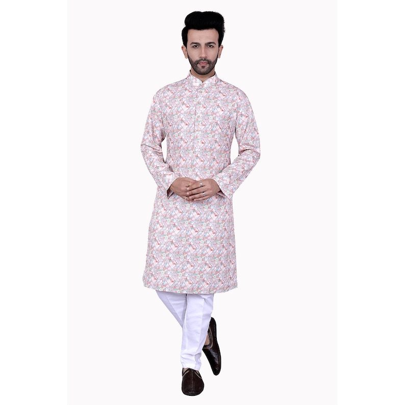 Rayon Printed Mandarin Collar Kurta, Knee Length, Full Sleeves, Regular Fit, Festive Wear white