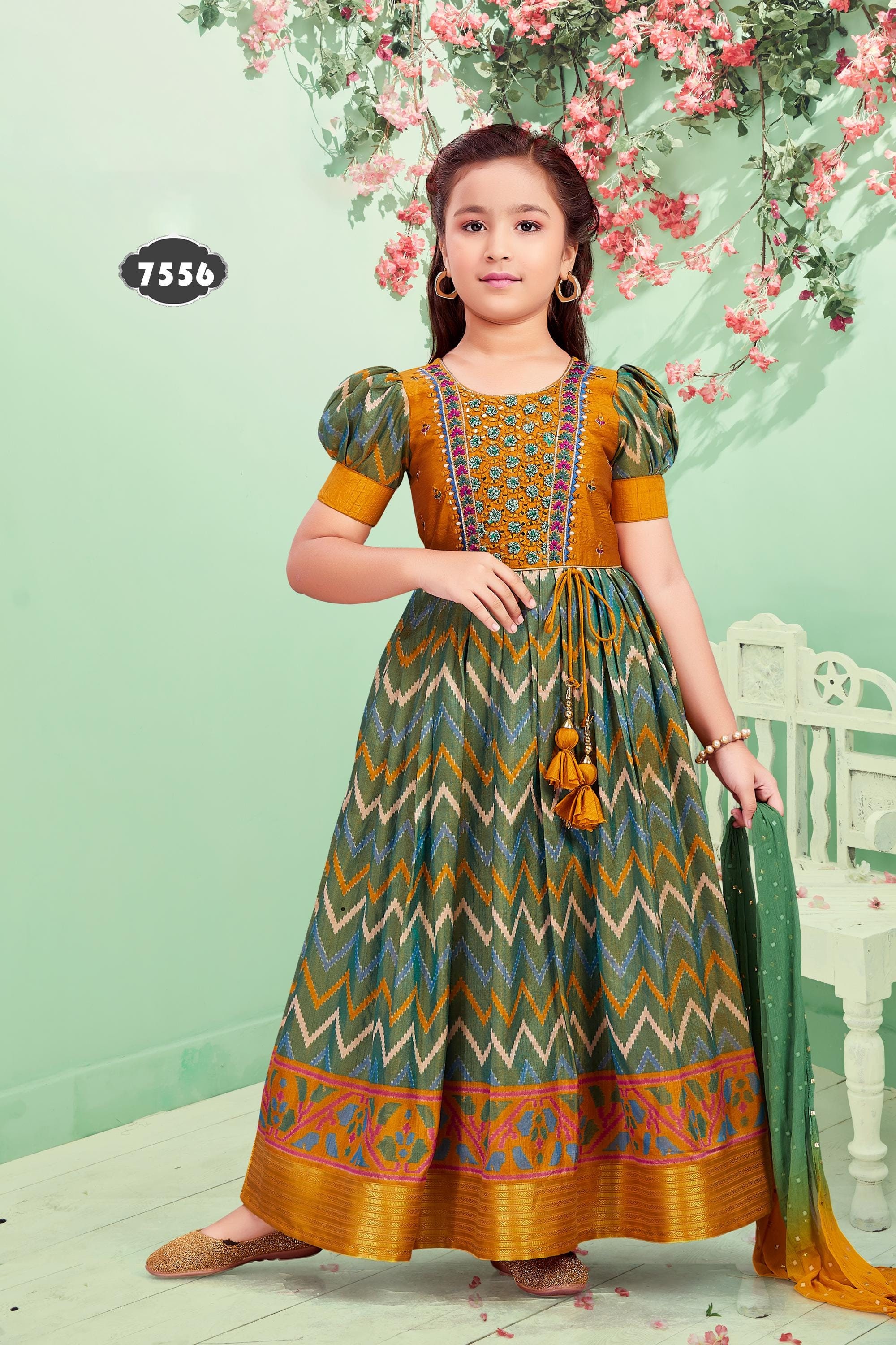 Girls tropical print linen dress · beige green · TT-YG-ABG87