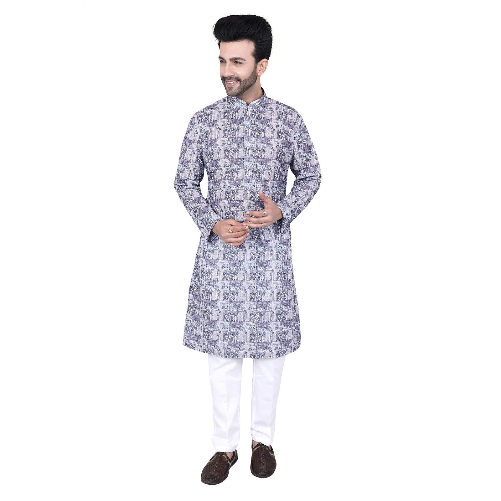Men's Floral Print Kurta Pyjama Set: Regular Fit Indian Suit