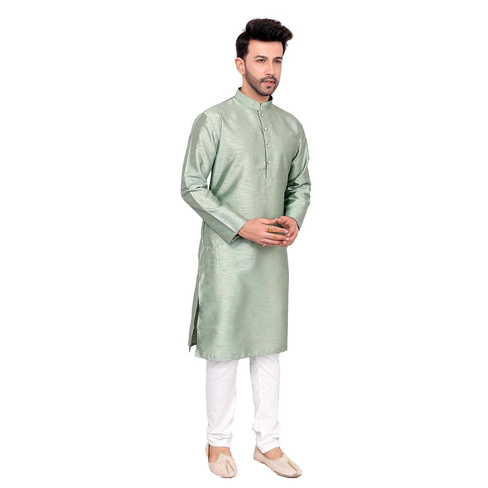 Cotton Silk Blend Kurta and Pyjama Set, Medium Length, Regular Fit, Sea Green