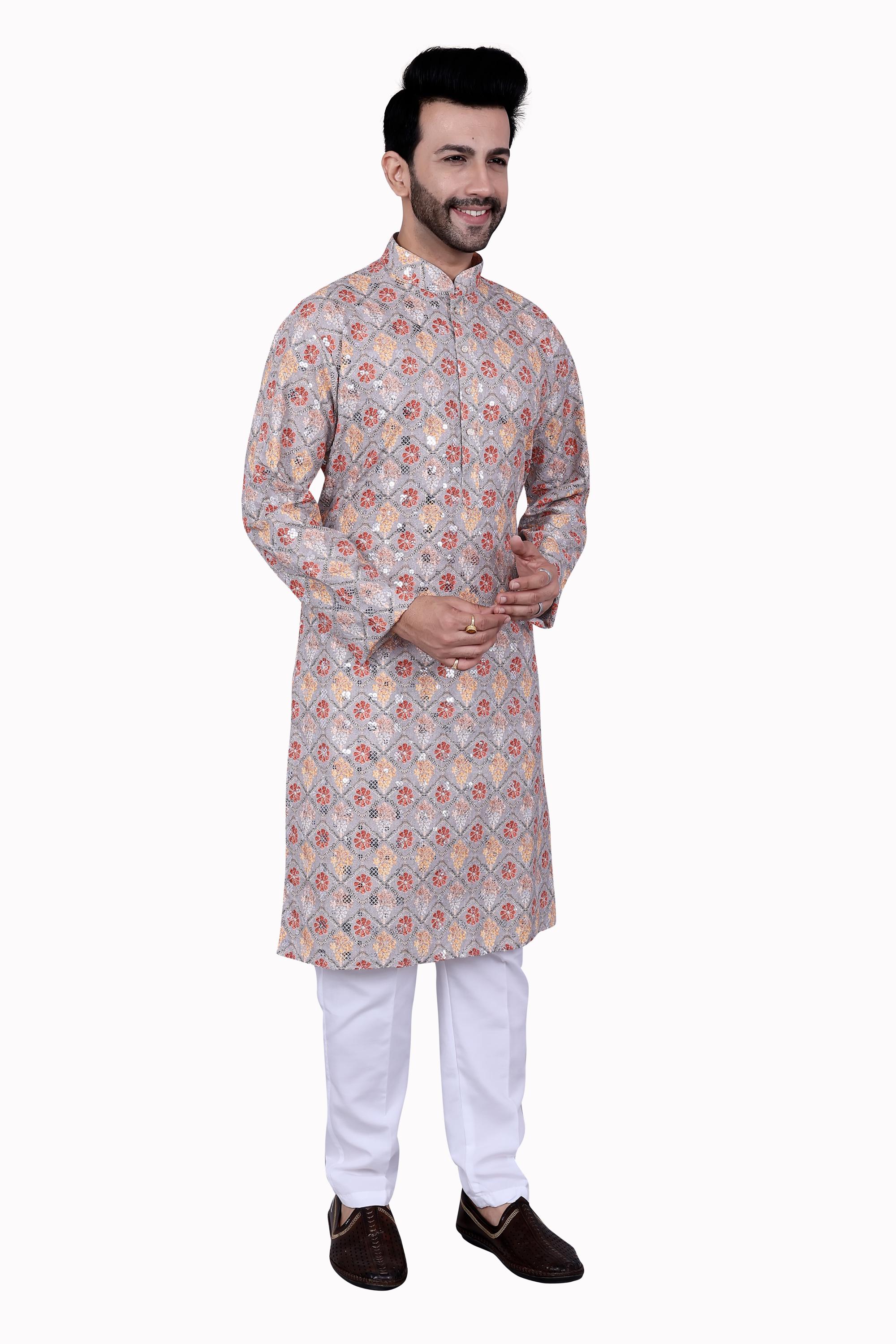 Men's Multi-Color Embroidered Chikankari Kurta and Pajama Set Light yellow
