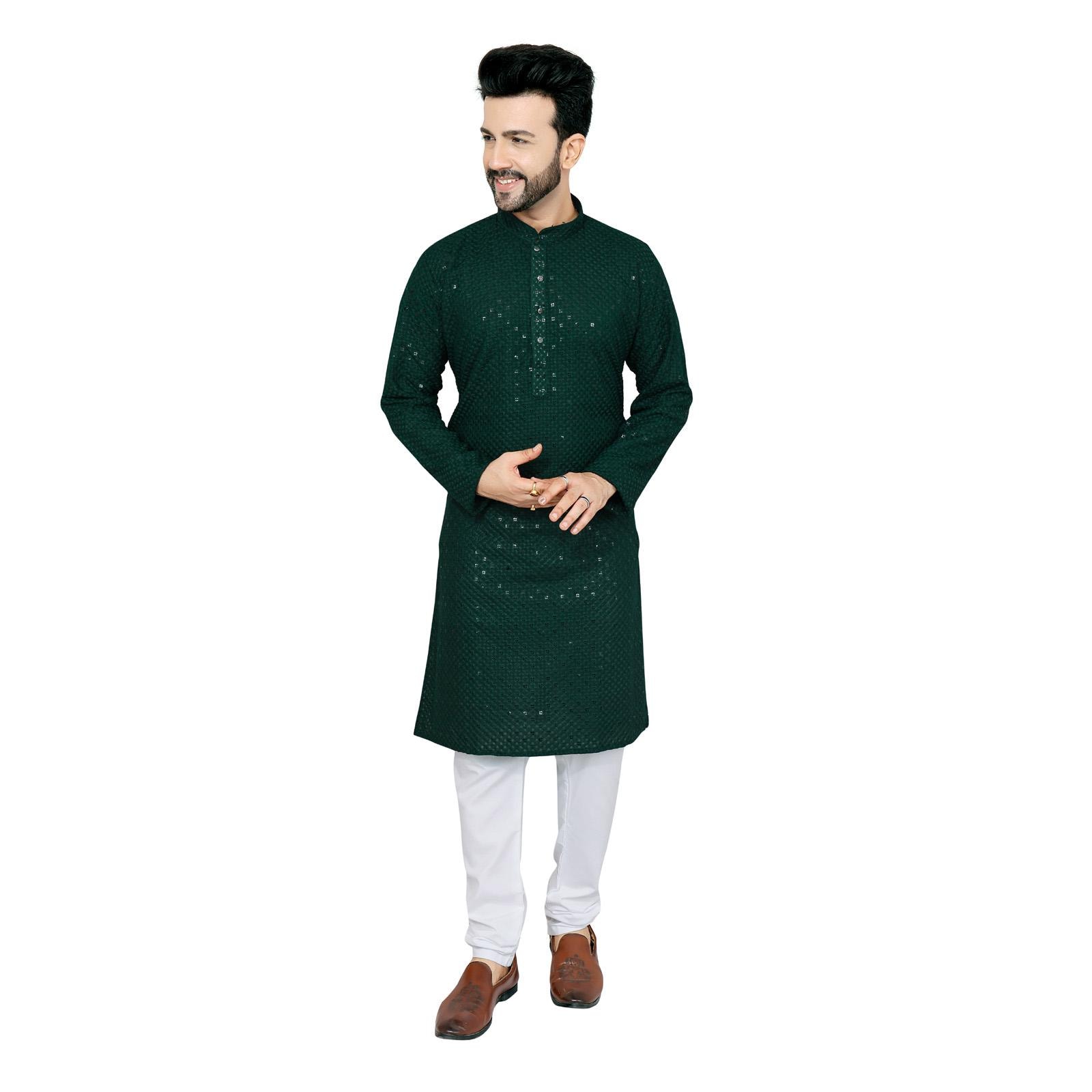 Men's Embroidered Viscose Rayon Kurta with Pants: Bottle Green, XL