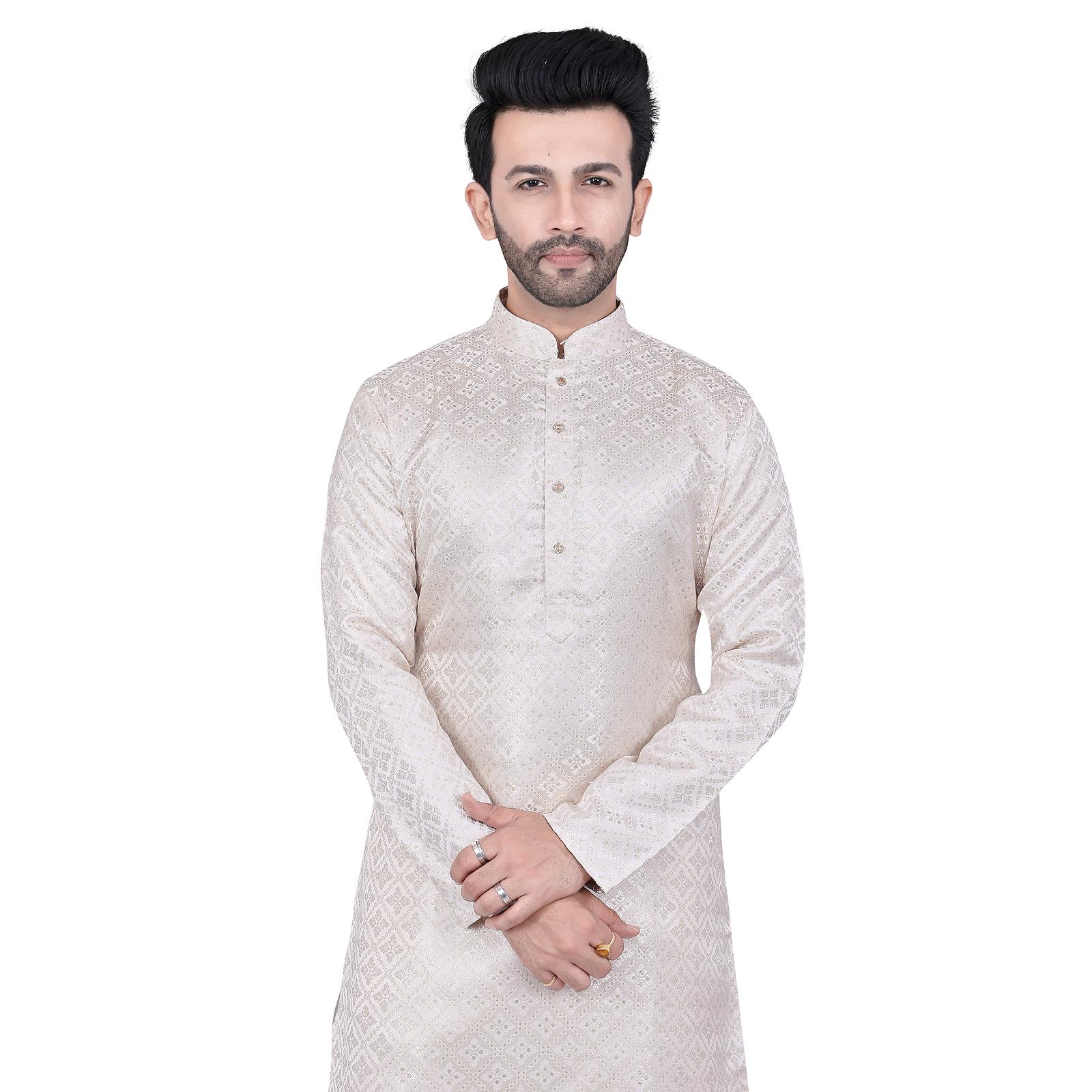Cloud White Embroidered Men's Kurta Set, Lightweight Fabric white