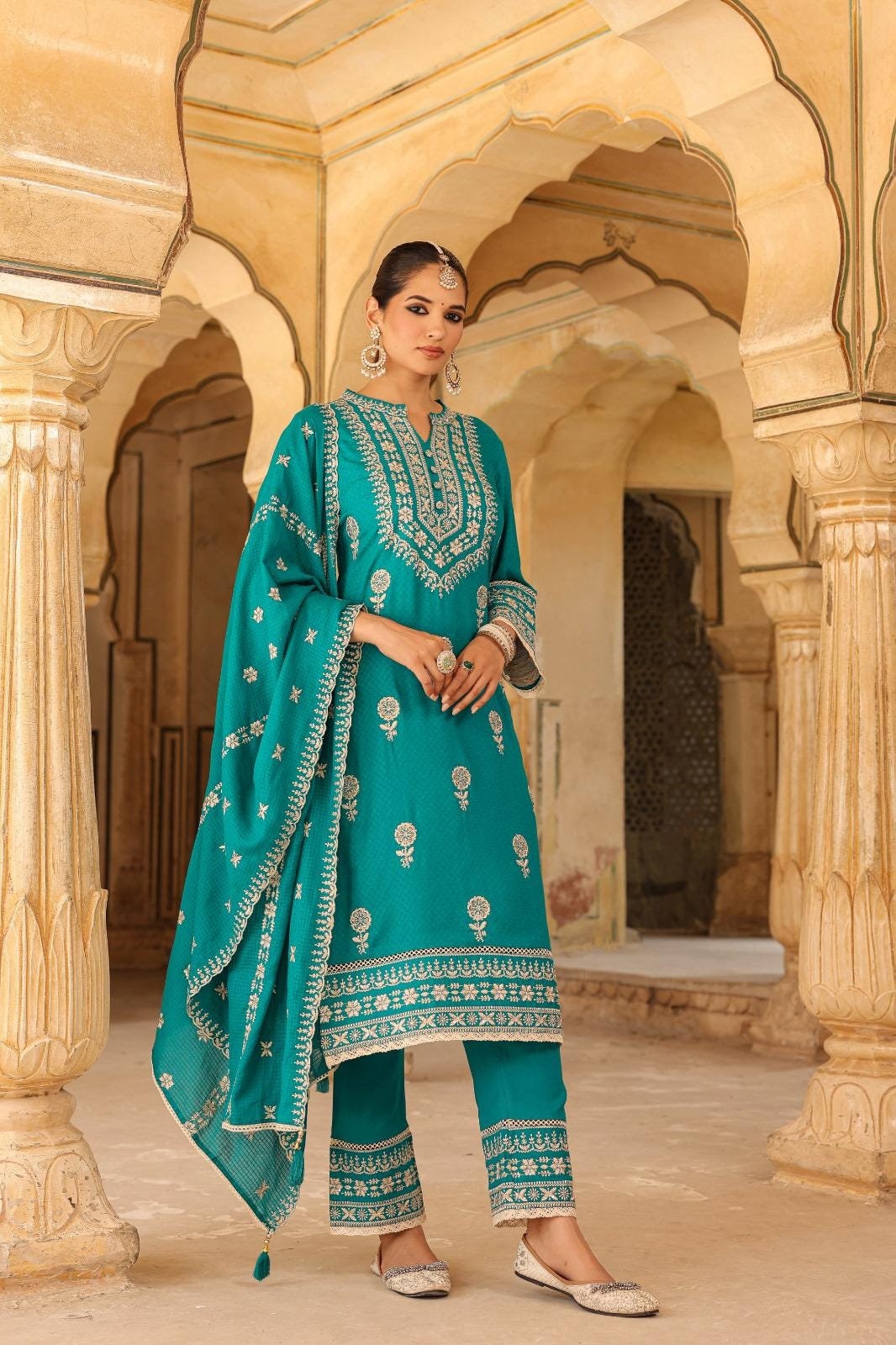 Women's Golden Sky Blue Jacquard Kurta Set, Embroidered Yoke, with Pants and Dupatta