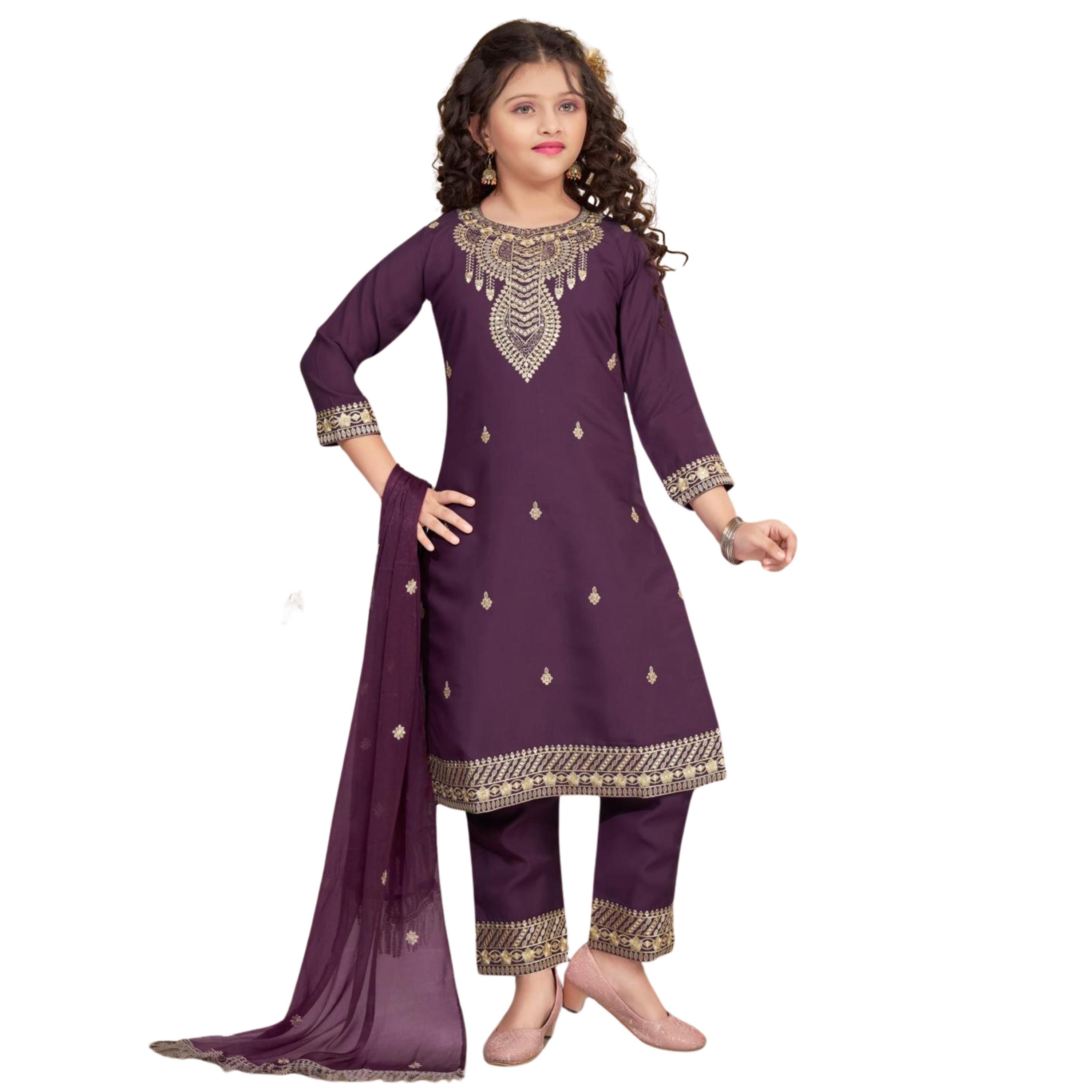 Girls straight fit suit with printed dupatta · wine · TT-YG-CWI81