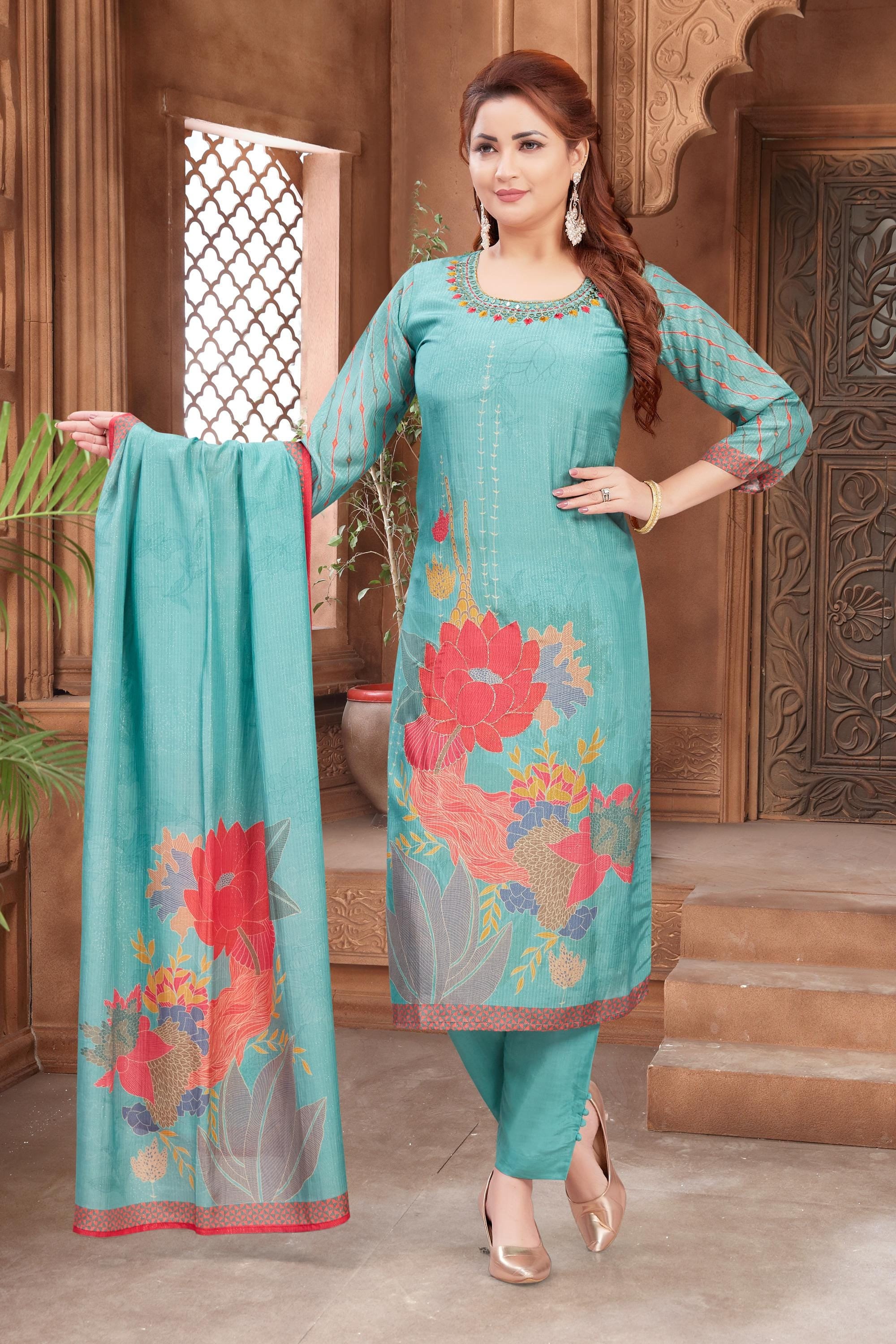 Cotton Linen Abstract Print Hand Embroidered Kurta Set, 3/4th Sleeves, V-Neck, Calf Length