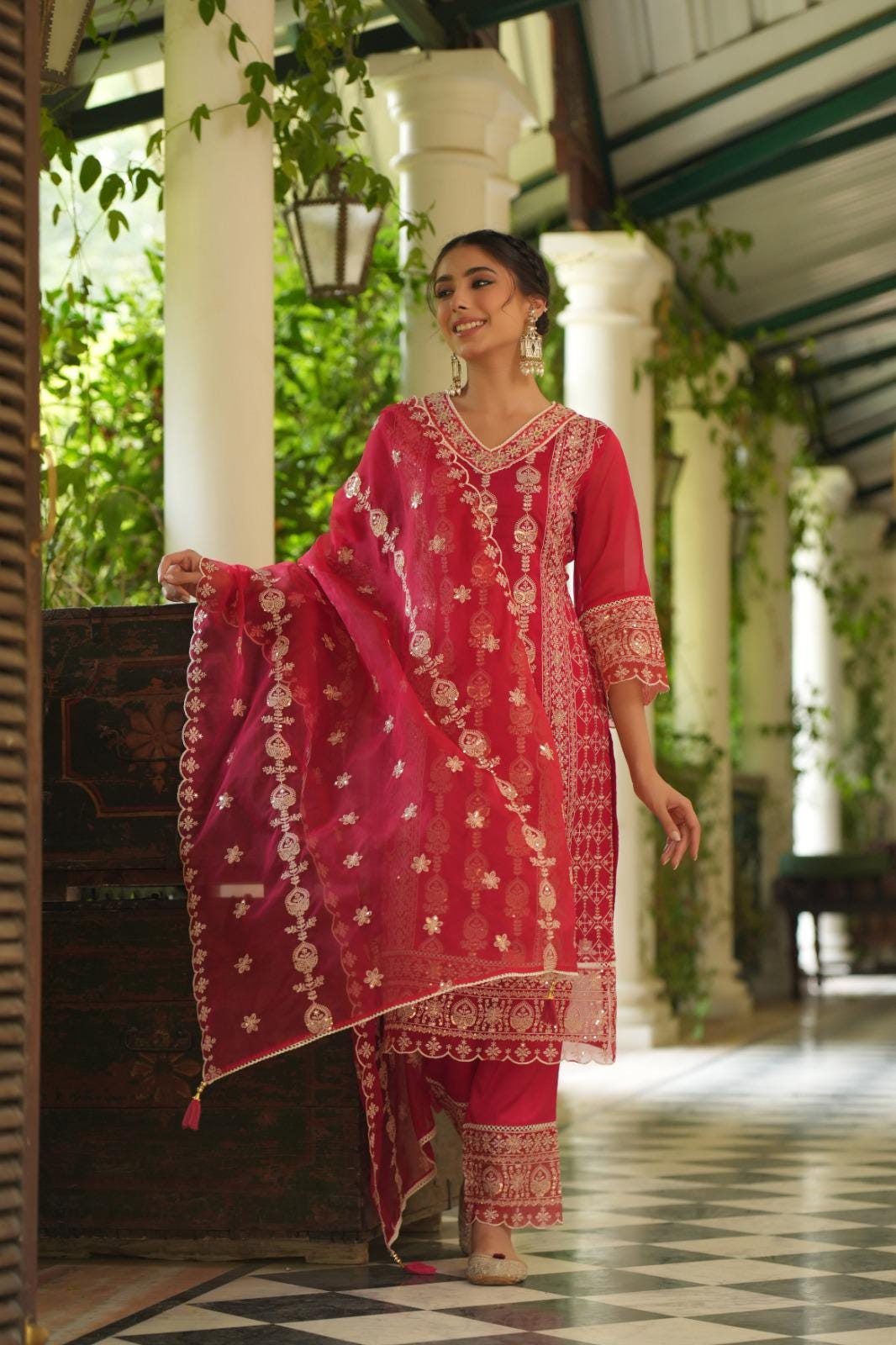 Embroidered Cotton Kurta with Pants & Dupatta: Traditional Red Indian Dress
