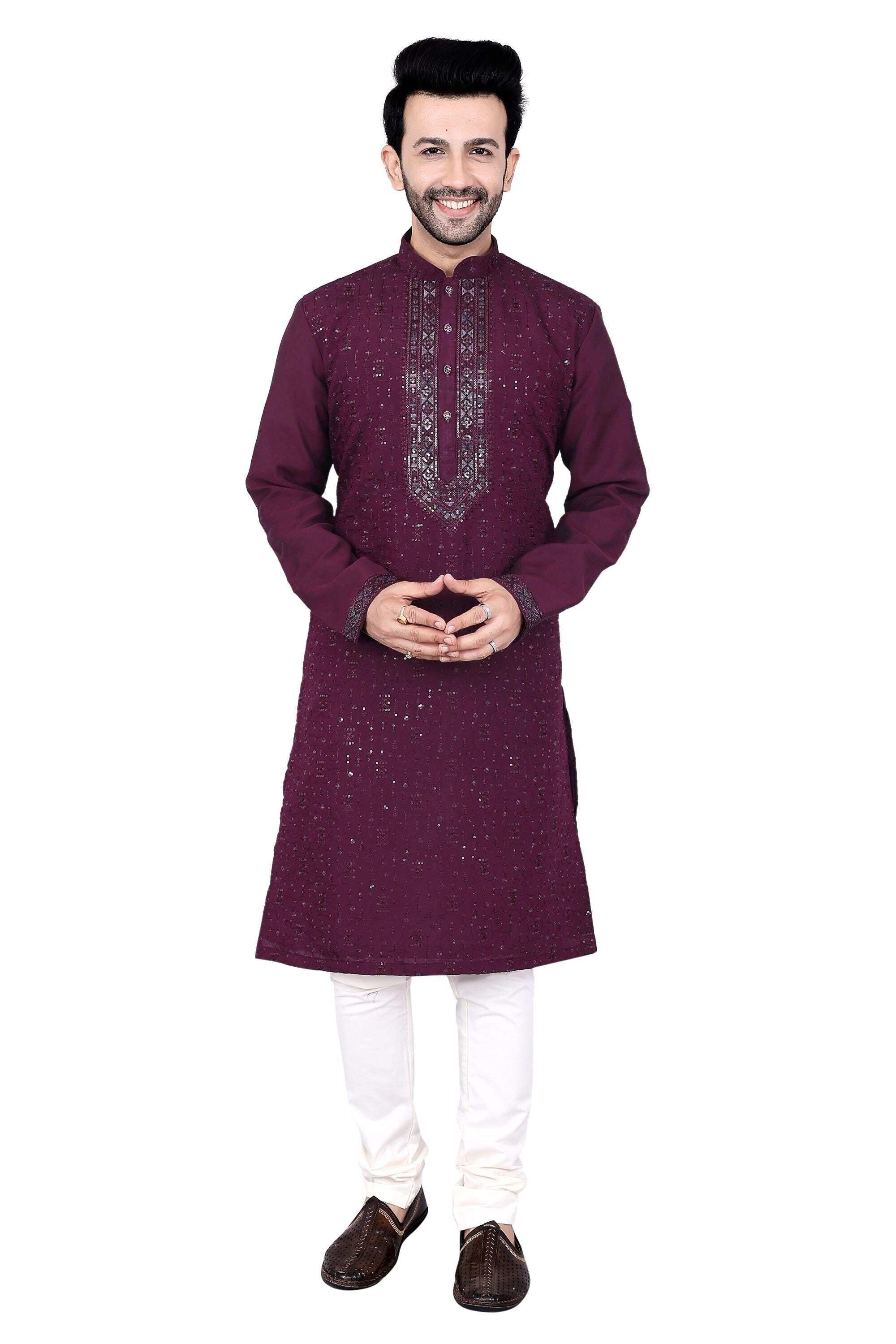 Traditional Threads Burgundy Embroidered Sequinned Kurta, Mandarin Collar, Knee Length