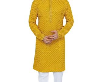 Zestaw piżamy męskiej musztardowej Chikankari Kurta | Haft Lucknowi | Tradycyjne wątki
