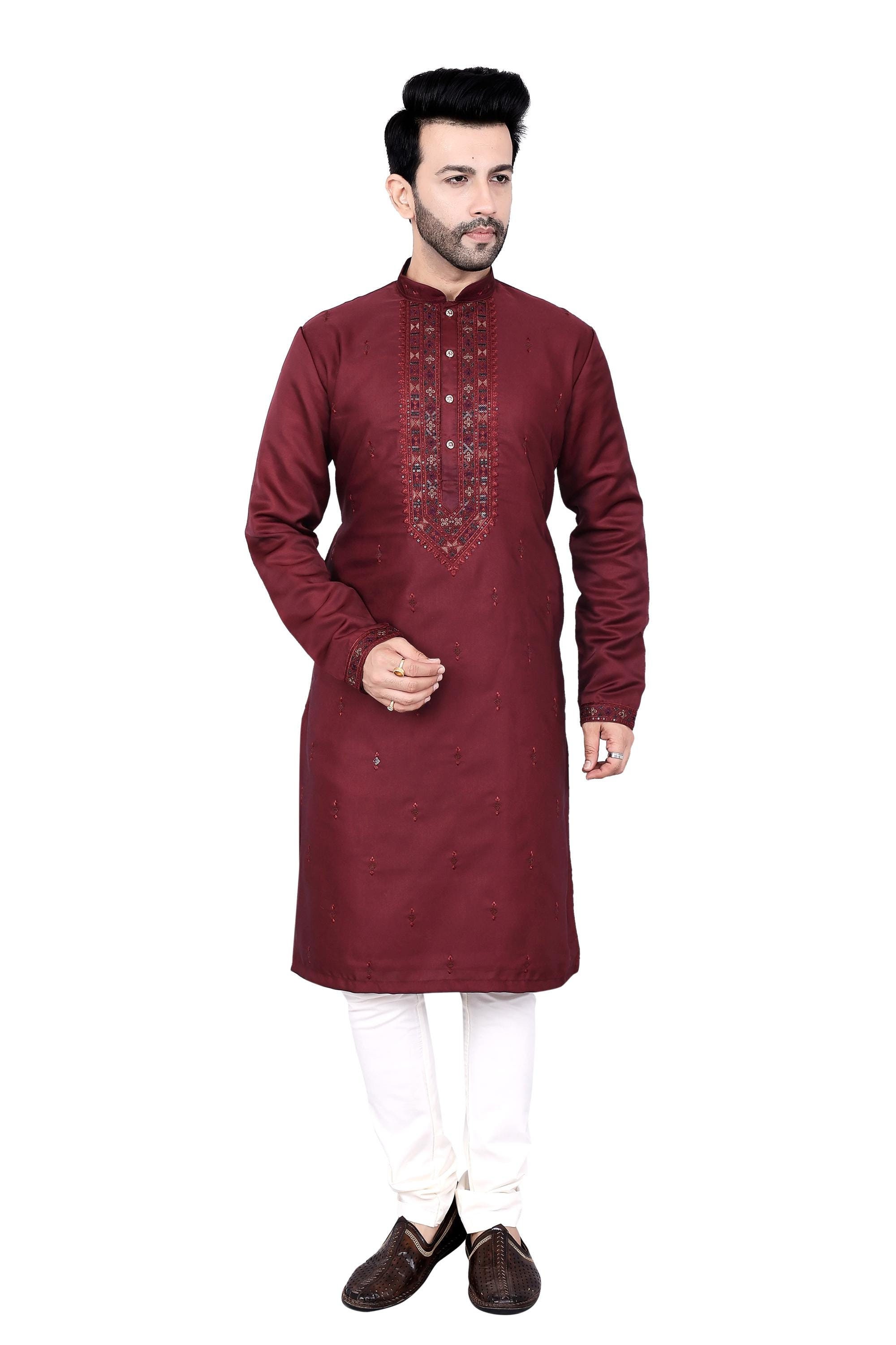Men's Magenta Cotton Blend Embellished Kurta, Regular Fit, Mandarin Collar