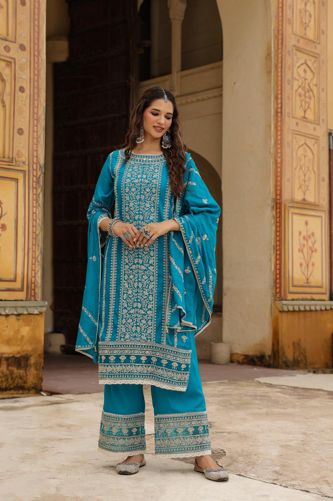 Embroidered Cotton Blend Kurta Palazzo Set: Sky Blue Indian Dress